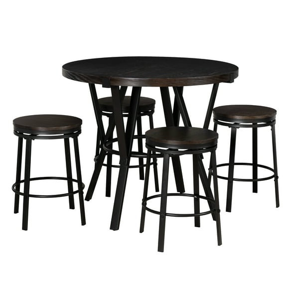 Powell Glenroy 5-Piece Round Indoor Wood & Metal Counter Height Pub Set, Charcoal Gray/Dark Chocolate