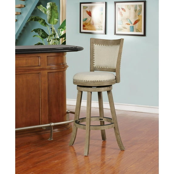 Linon Tift Full Back Wood Bar Stool, 31" Seat Height, Driftwood Finish with Gray Fabric