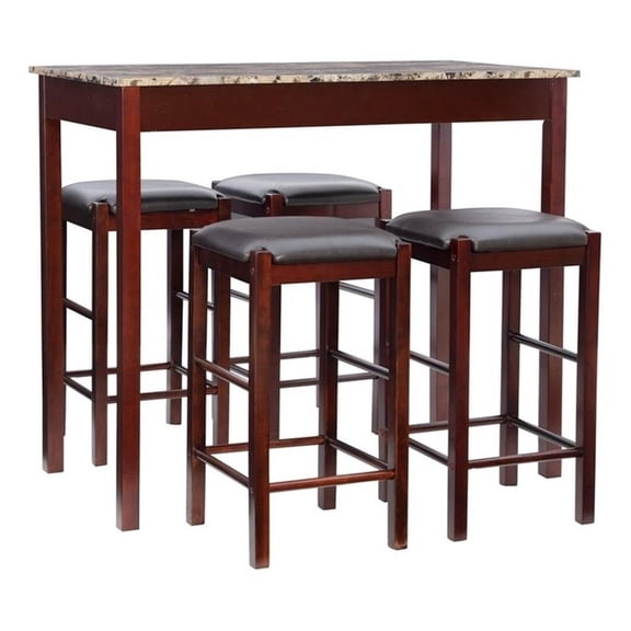 Linon Tifton Five Piece Wood Faux Marble Tavern Set in Espresso