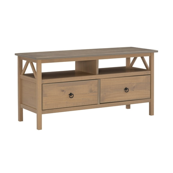 Linon Titian Pine Wood TV Media Stand Open Shelves 2 Drawers in Driftwood Finish