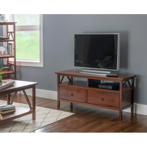 Linon Titian Wood Media Stand with 2 Drawers and Open Storage in Tobacco Brown