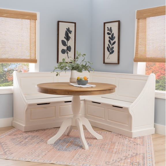 Linon Tobin 2-Piece Farmhouse Corner Dining Nook with Table and Storage, Seats 4-5, White