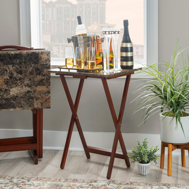 Linon Tray Table Set Faux Marble -Brown