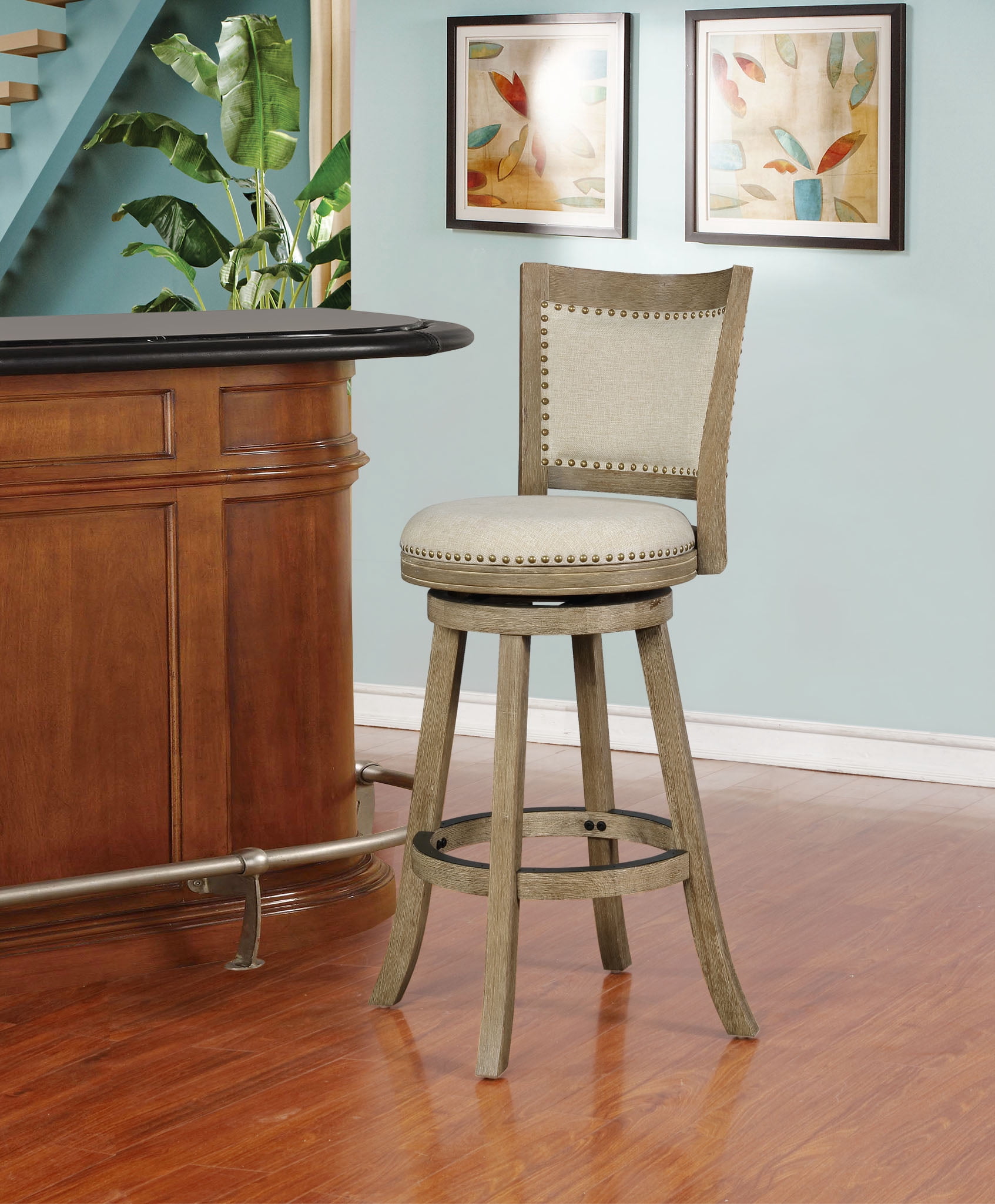Linon Tredwell Round 31" Mid Back Swivel Bar Stool, Light Driftwood/Beige