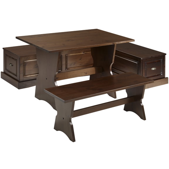 Linon Trefny 3-Piece Backless Corner Breakfast Nook Dining Set with Storage, Walnut