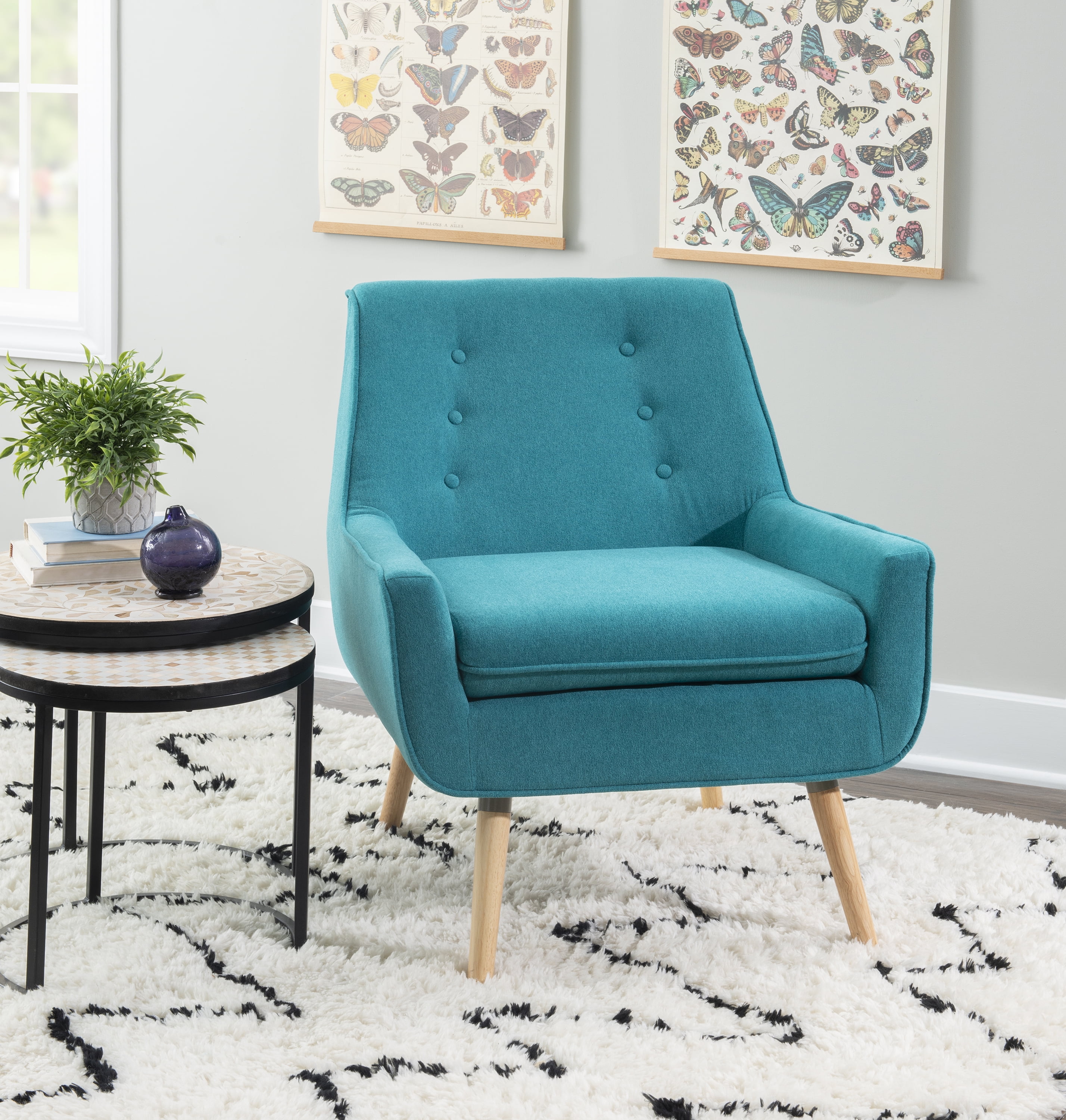 Modern Retro Bright Blue Wood Accent Chair with Button Tufting
