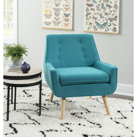 Linon Trelis Upholstered Tufted Accent Chair Natural Wood Legs in Teal Fabric