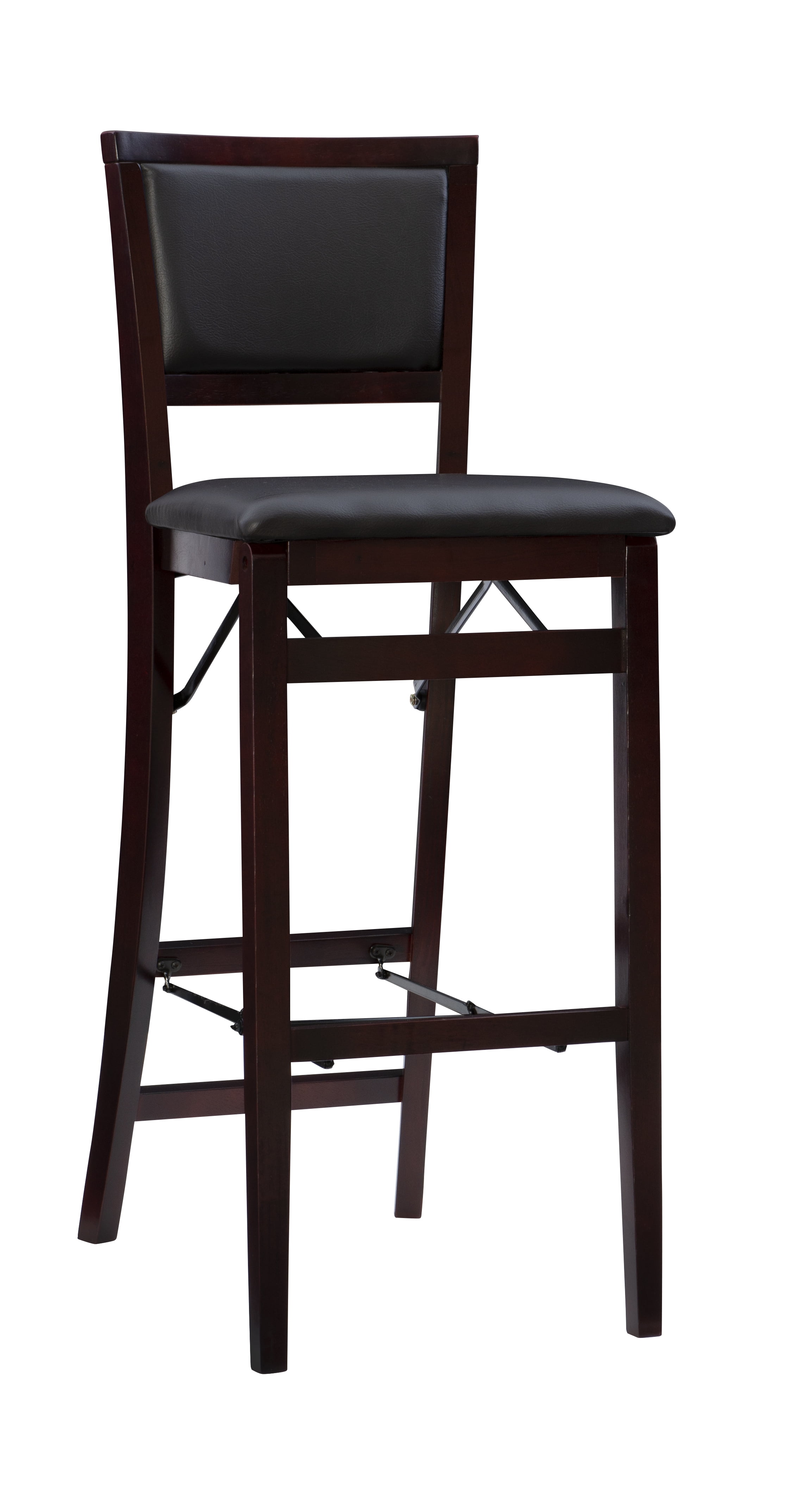 30" Espresso Brown Faux Leather Folding Bar Stool with Merlot Wood Frame