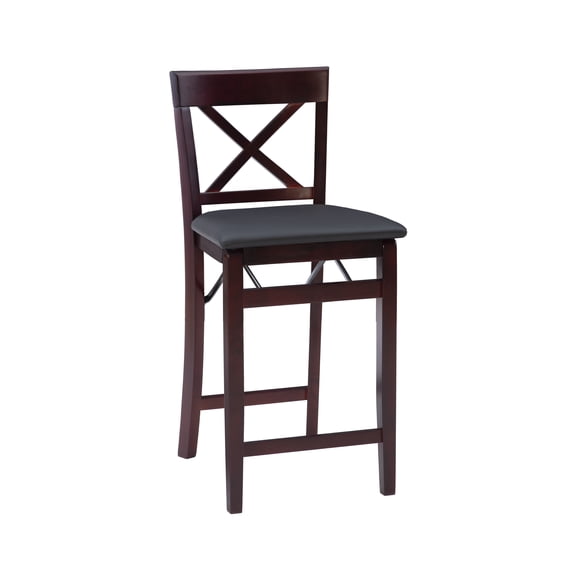 Linon Triena X-Back Folding Counter Stool Brown Faux Leather Seat in Merlot Wood