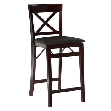 Linon Triena X-Back Folding Counter Stool Brown Faux Leather Seat in Merlot Wood
