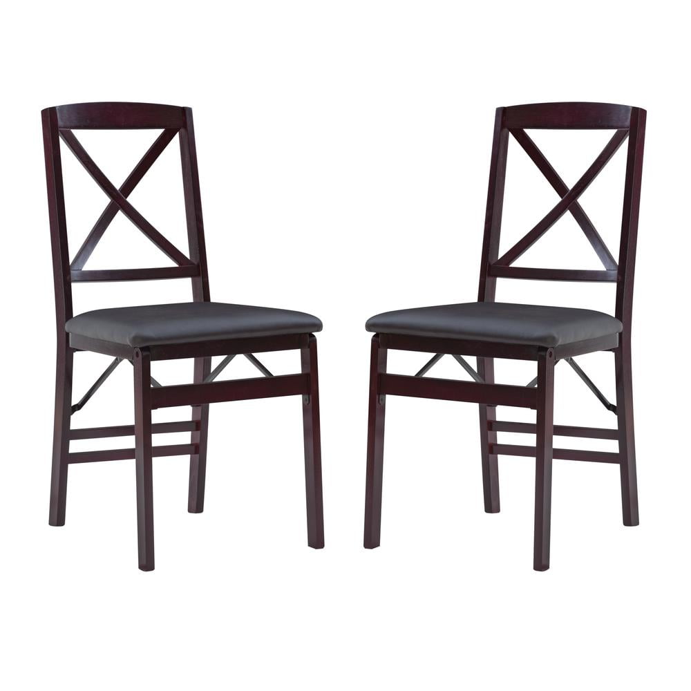 Linon Triena X-Back Set of 2 Folding Chairs Faux Leather Seat in Merlot Wood
