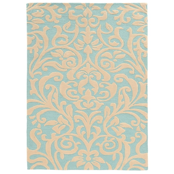 Linon Trio Damask Hand Tufted Polyester 5'x7' Rug in Aqua Blue and Ivory