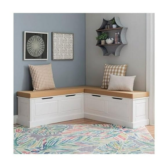 Linon Troyin White Wooden Storage Nook With Beige Cushions and Pillows