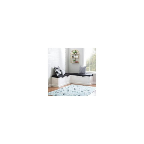 Linon Troyin White Wooden Storage Nook With Black Cushions and Pillows