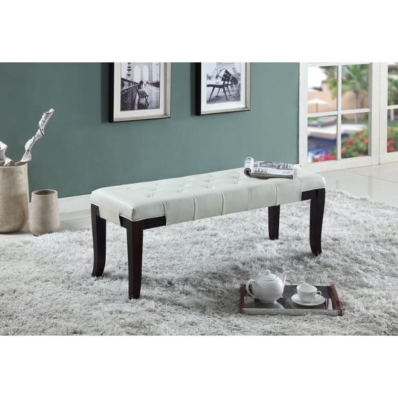 Linon Tufted Bench, Faux Leather, Legs and White Upholstery