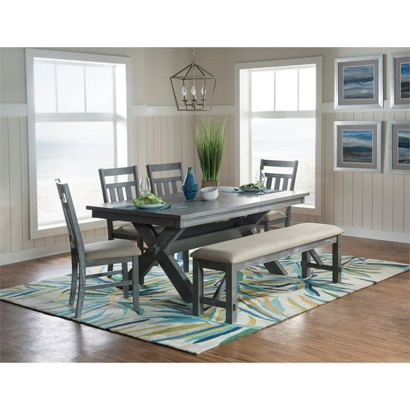 Linon Turino 6 Pce Wood Dining Set Padded Seats & Bench in Weathered Gray Stain