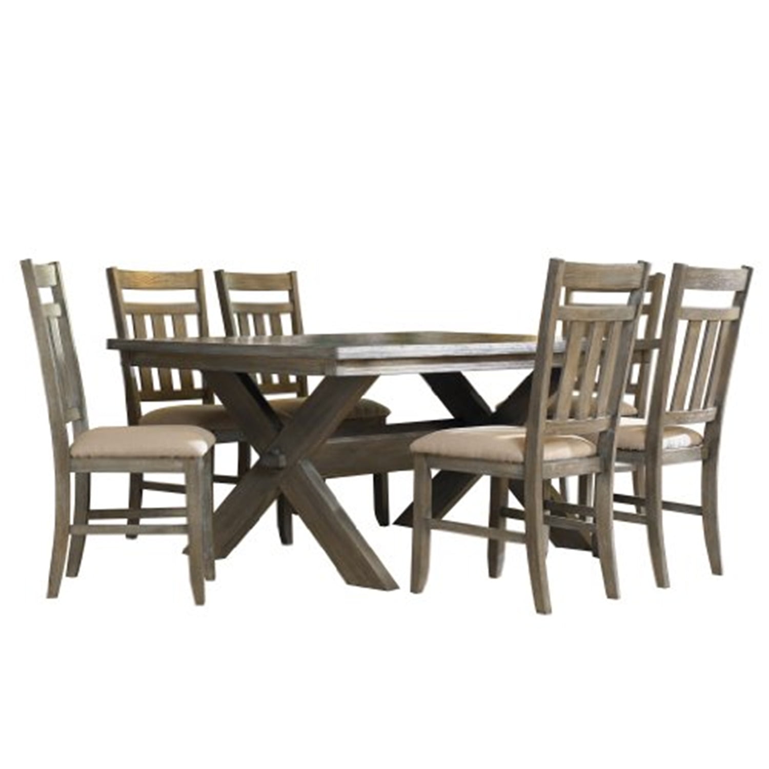 Turino 7-Piece Weathered Gray Dining Set with Tan Upholstered Chairs