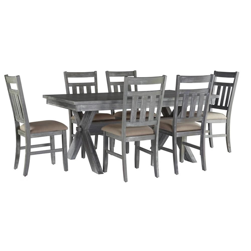 Turino 7-Piece Weathered Gray Dining Set with Tan Upholstered Chairs