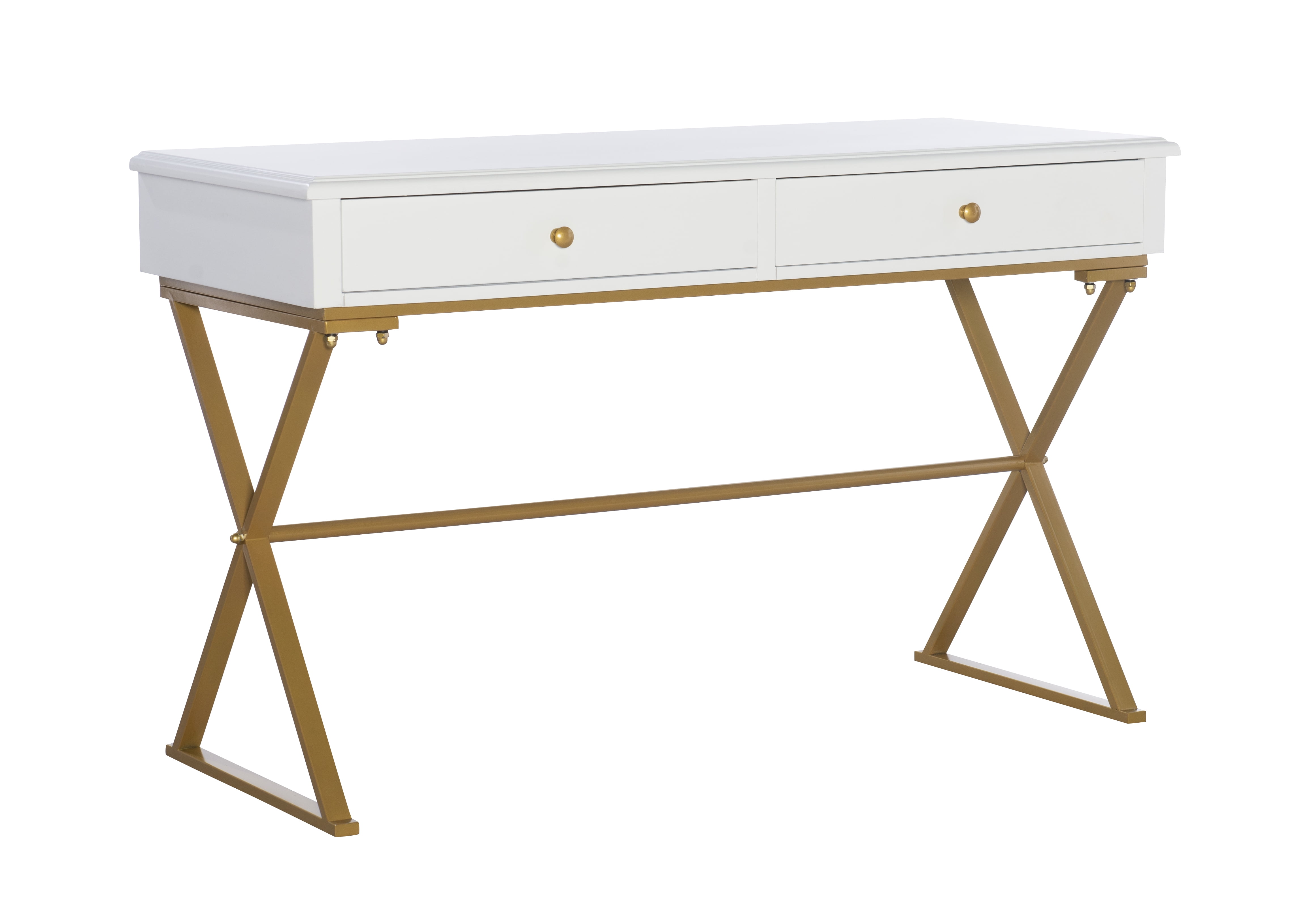Trestle-Style White and Brass 2-Drawer Campaign Desk