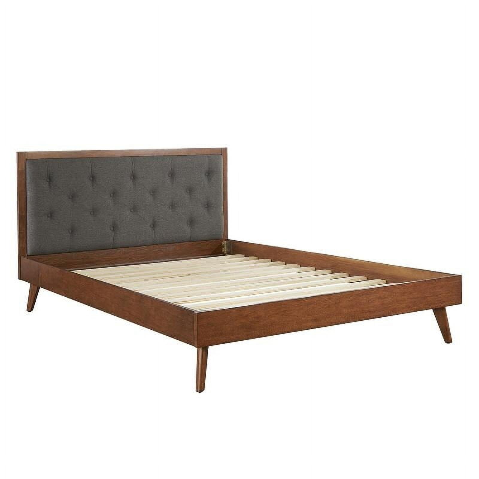 Walnut King Platform Bed with Tufted Grey Upholstery