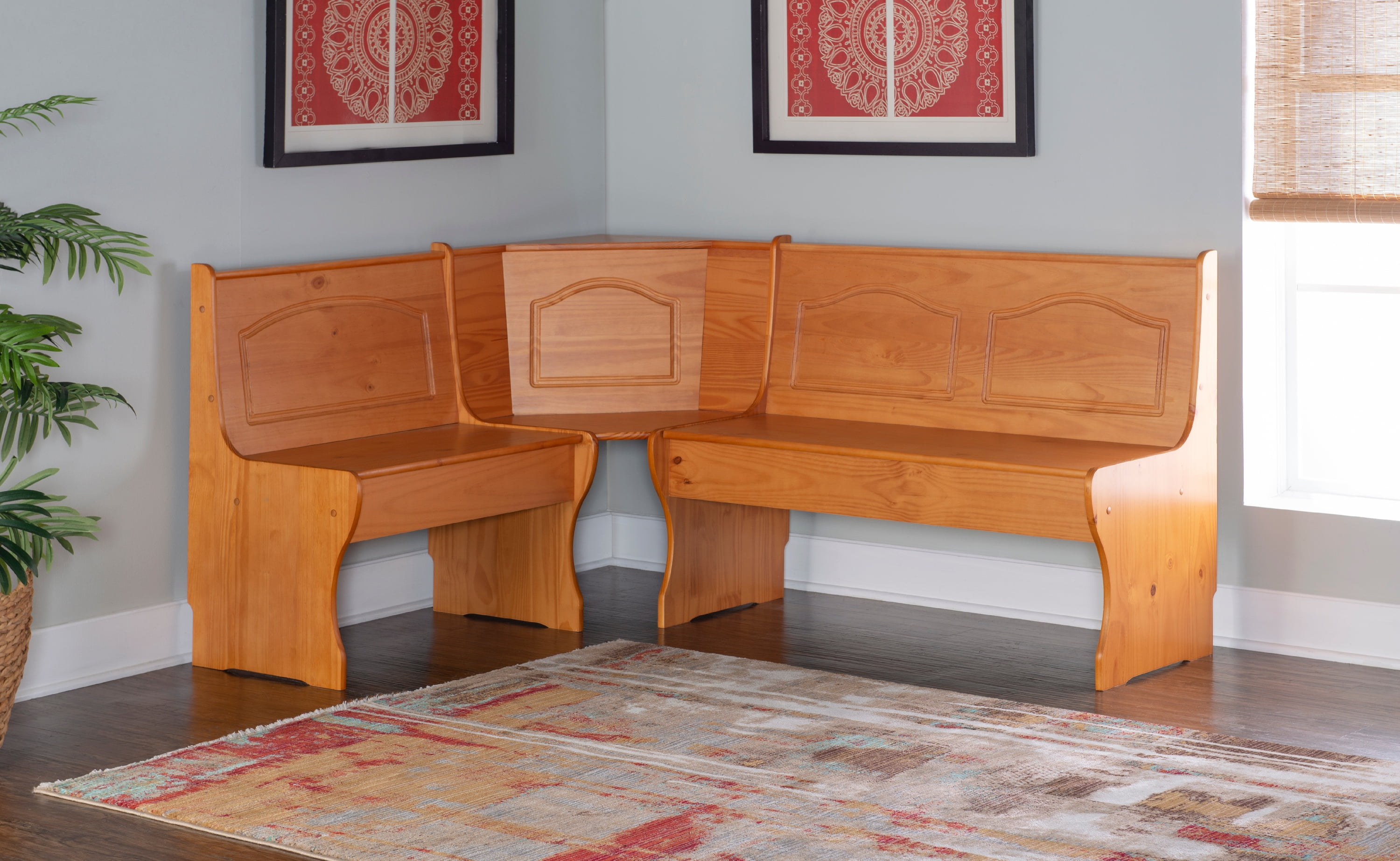 Linon Varden Farmhouse Corner Dining Breakfast Nook with Storage, Honey Brown