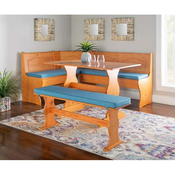 Linon Varden Farmhouse Corner Dining Breakfast Nook with Storage, 5-Piece Cushion Set, Natural Honey/Blue