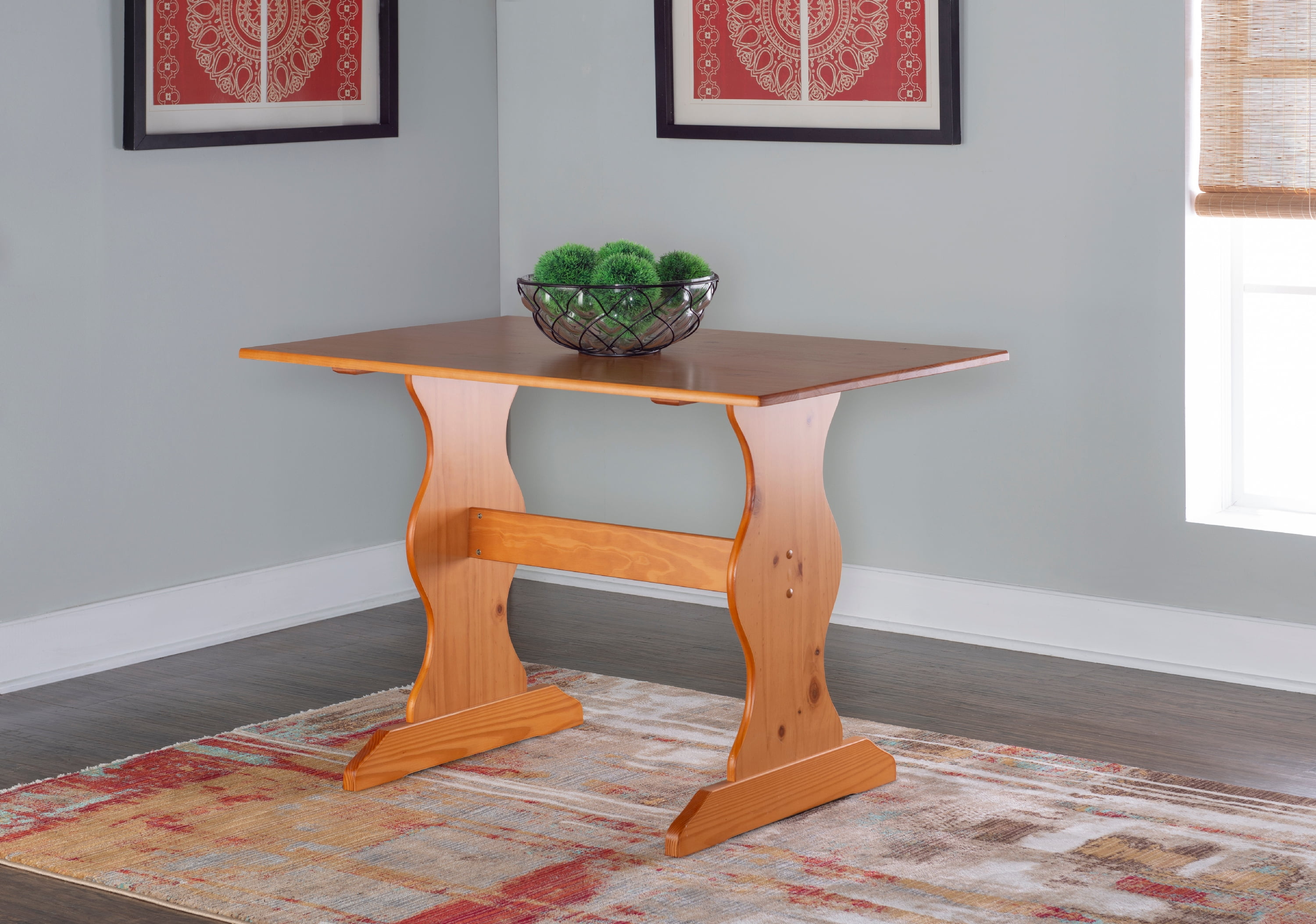 Linon Varden Nook Dining Table, Farmhouse Trestle Base, Solid Pine, Honey Finish, Compact 4-Person Seating