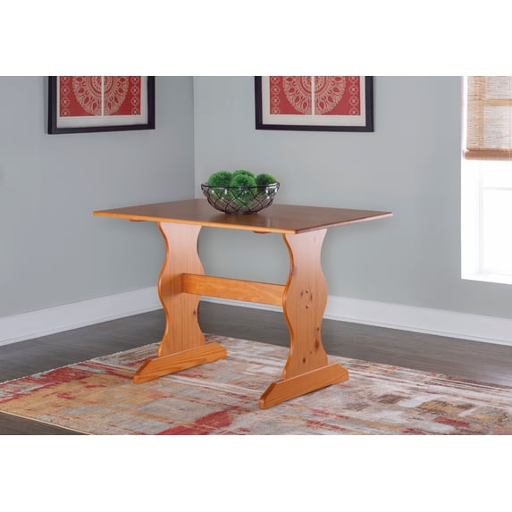 Linon Varden Nook Dining Table, Farmhouse Trestle Base, Solid Pine, Honey Finish, Compact 4-Person Seating