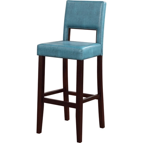 Linon Vega Full Back Wood Bar Stool, 30" Seat Height, Black Finish with Aegean Blue Fabric