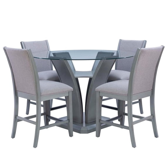 Linon Vern 5 Piece Dining Set Round Glass and Wood Table with 4 Chairs in Gray