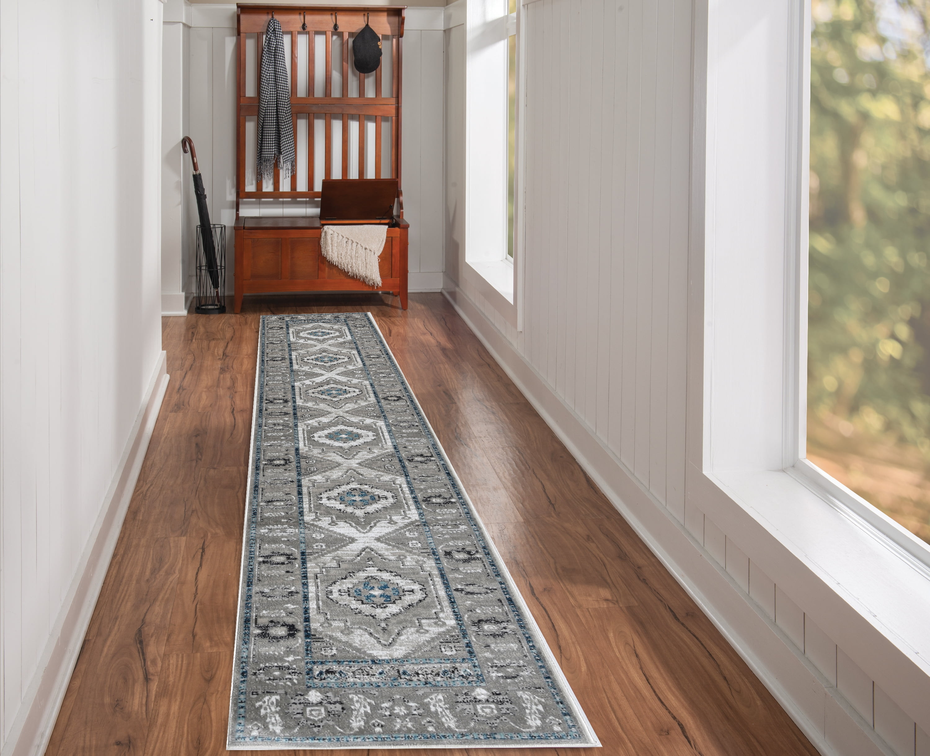 Vintage Gray and Blue Serape-Style Easy Care Rug 24in x 6in