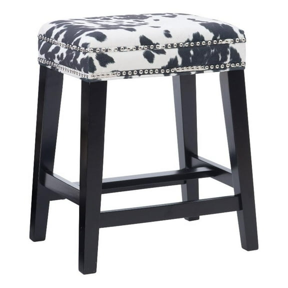 Linon Walt 24" Cow Print Counter Stool with Nailhead Trim in Black Wooden Frame