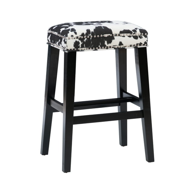Linon Walt 30" Backless Bar Stool, Black with Black Cow Print