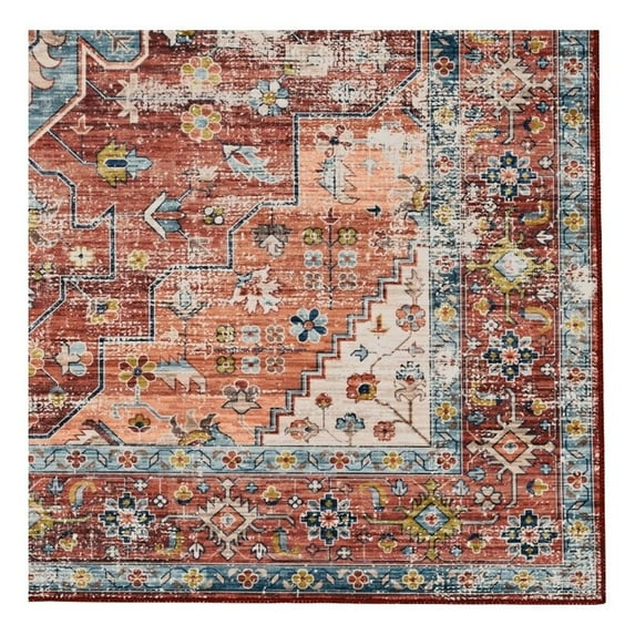 Linon Washable Cason Polyester 3'x5' Rug in Rust Orange