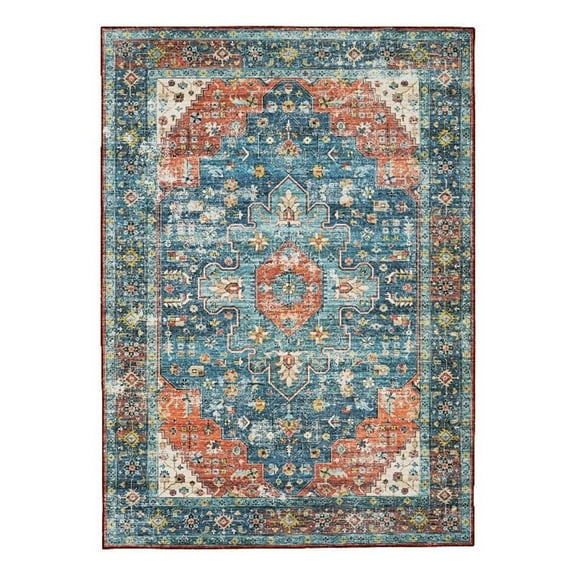 Linon Washable Langley Polyester 5'x7' Rug in Teal Blue