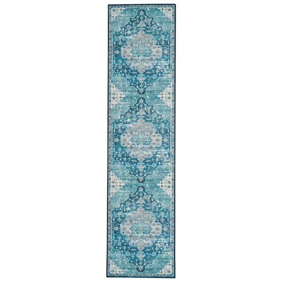 Linon Washable Madi Polyester 2'x8' Rug in Teal Blue