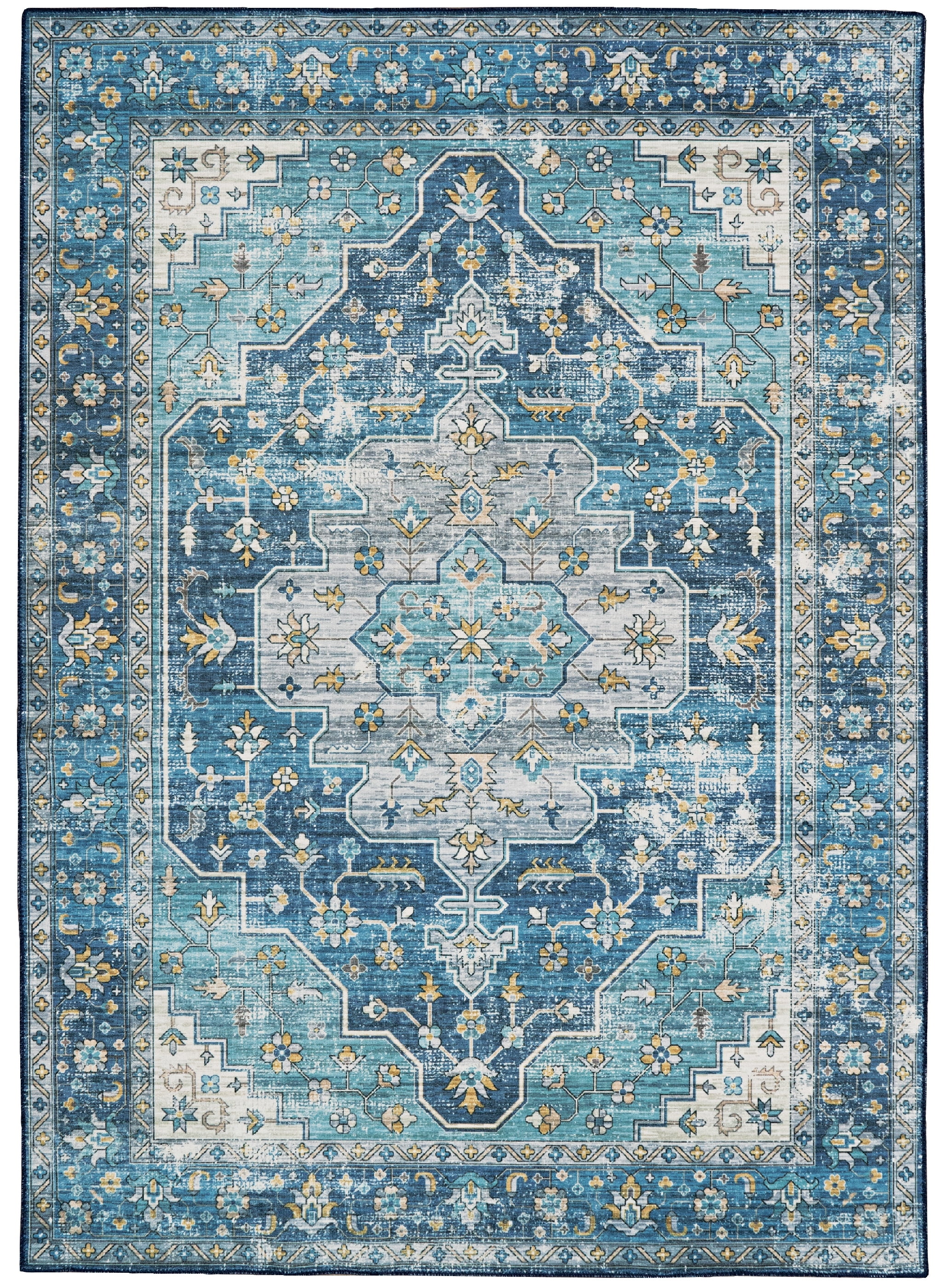 Linon Home Décor Washable Sariah Area Rug or Runner Collection, Teal and Ivory, 5' x 7'