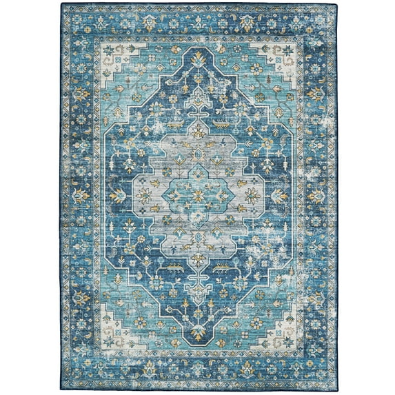 Linon Home Décor Washable Sariah Area Rug or Runner Collection, Teal and Ivory, 5' x 7'