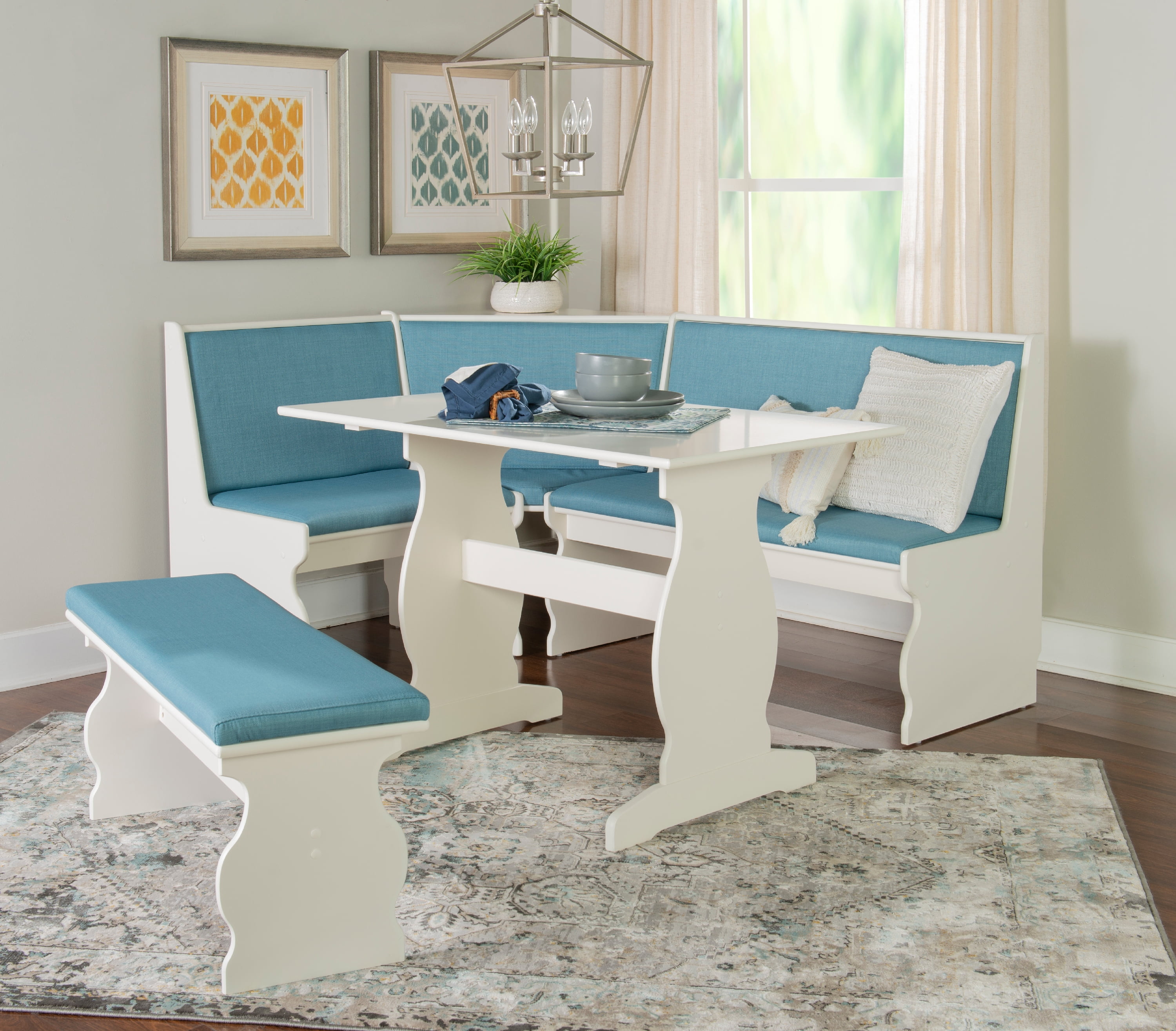 Linon Weston 3-Piece Farmhouse Indoor Corner Dining Nook with 5-Piece Cushion Set, White/Capri Blue