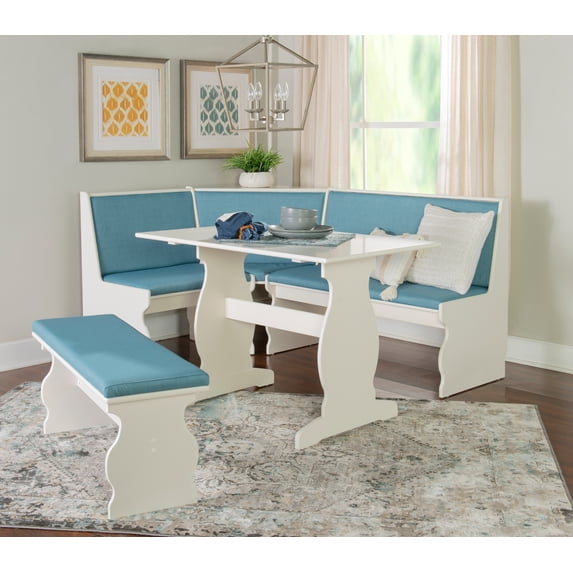 Linon Weston 3-Piece Farmhouse Indoor Corner Dining Nook with 5-Piece Cushion Set, White/Capri Blue