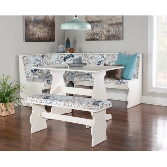 Linon Weston 3-Piece Corner Dining Nook with 5-Piece Cushion Set, Seats 5-6, White/Coffee