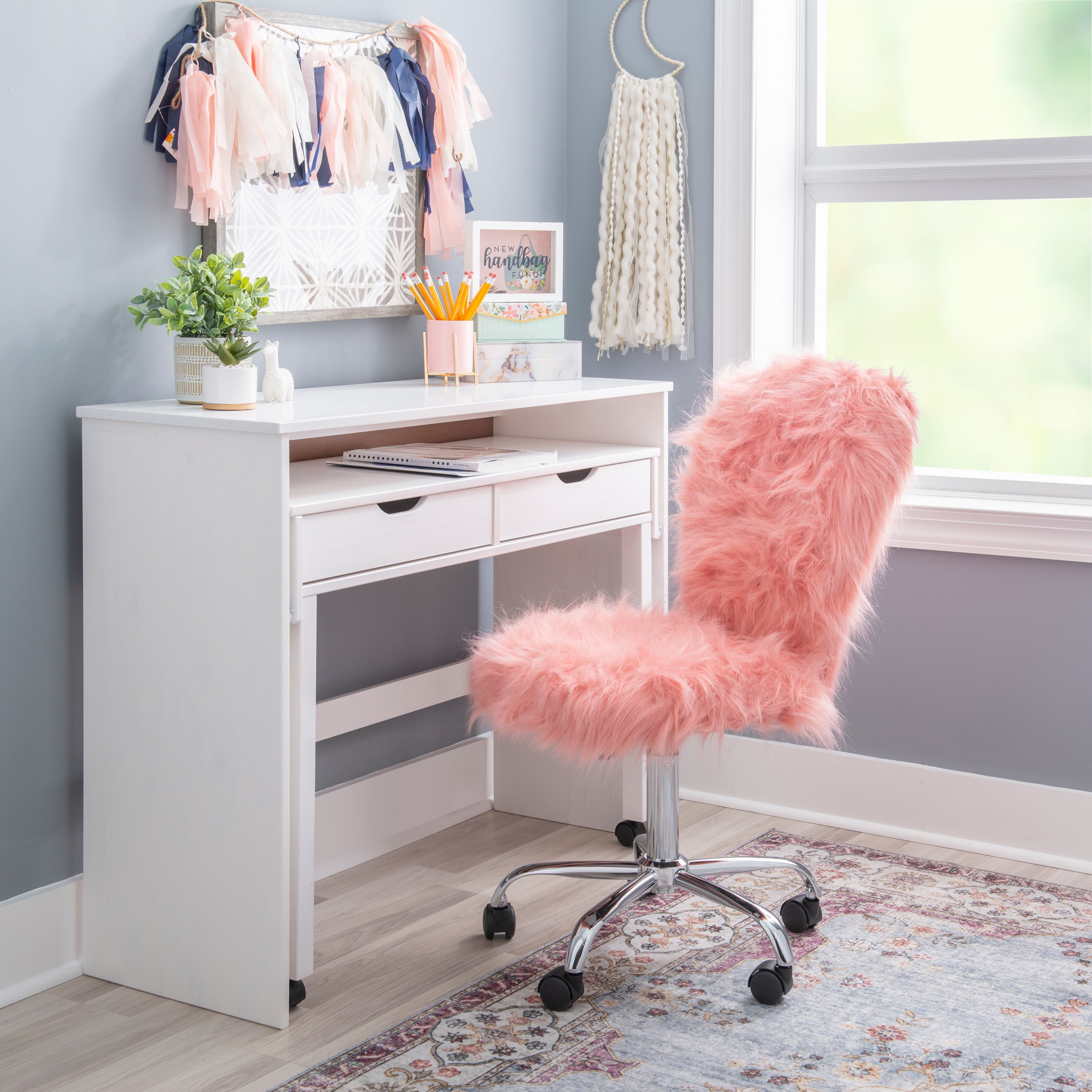 Linon Wilaford Task Chair with Adjustable Height & Swivel, 275 lb. Capacity, Vibrant Pink Faux Fur