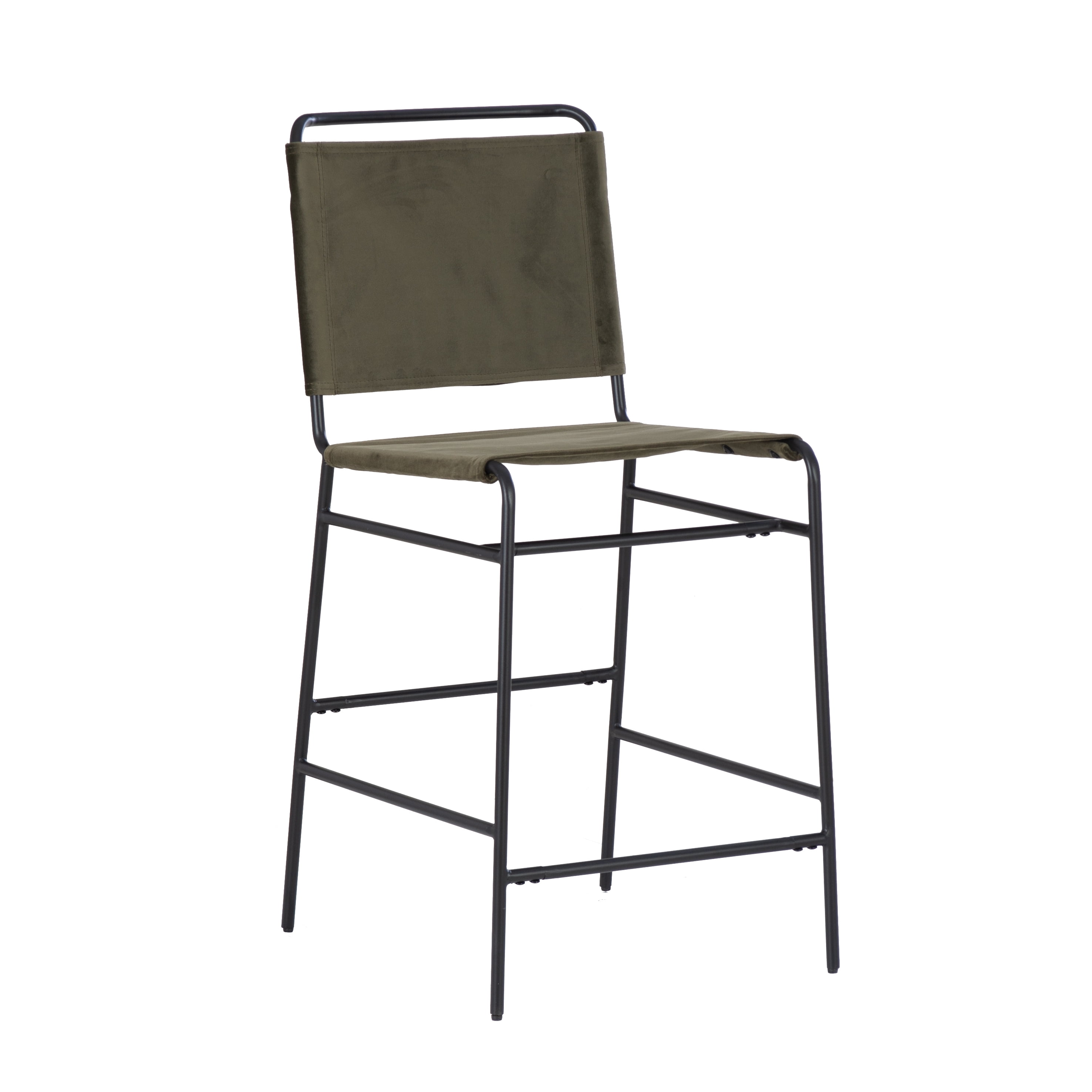 Linon Willey Counter Stool Forest Green Velvet Sling Seat Steel Frame in Black