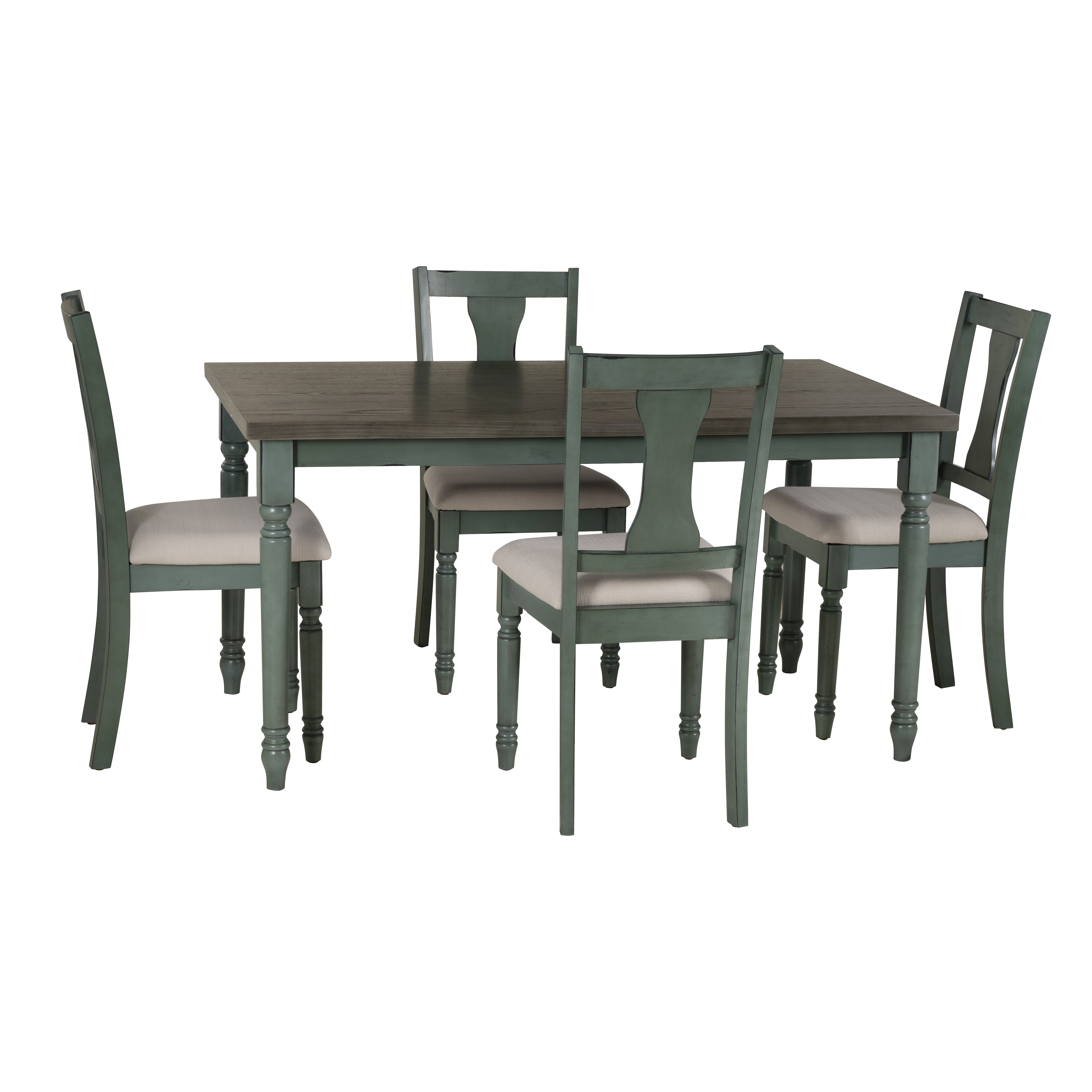 Teal Blue Distressed Wood 5-Piece Dining Set with Upholstered Chairs