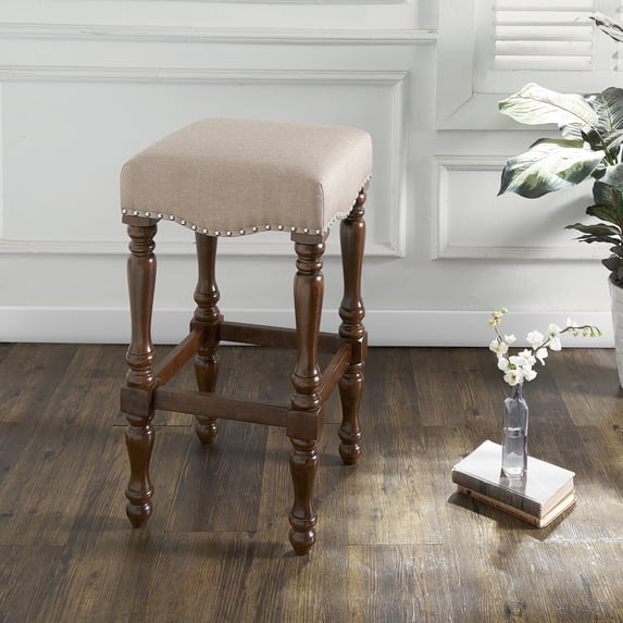 Linon Willow Backless Wood Bar Stool, 30.5" Seat Height, Walnut Finish with Beige Fabric