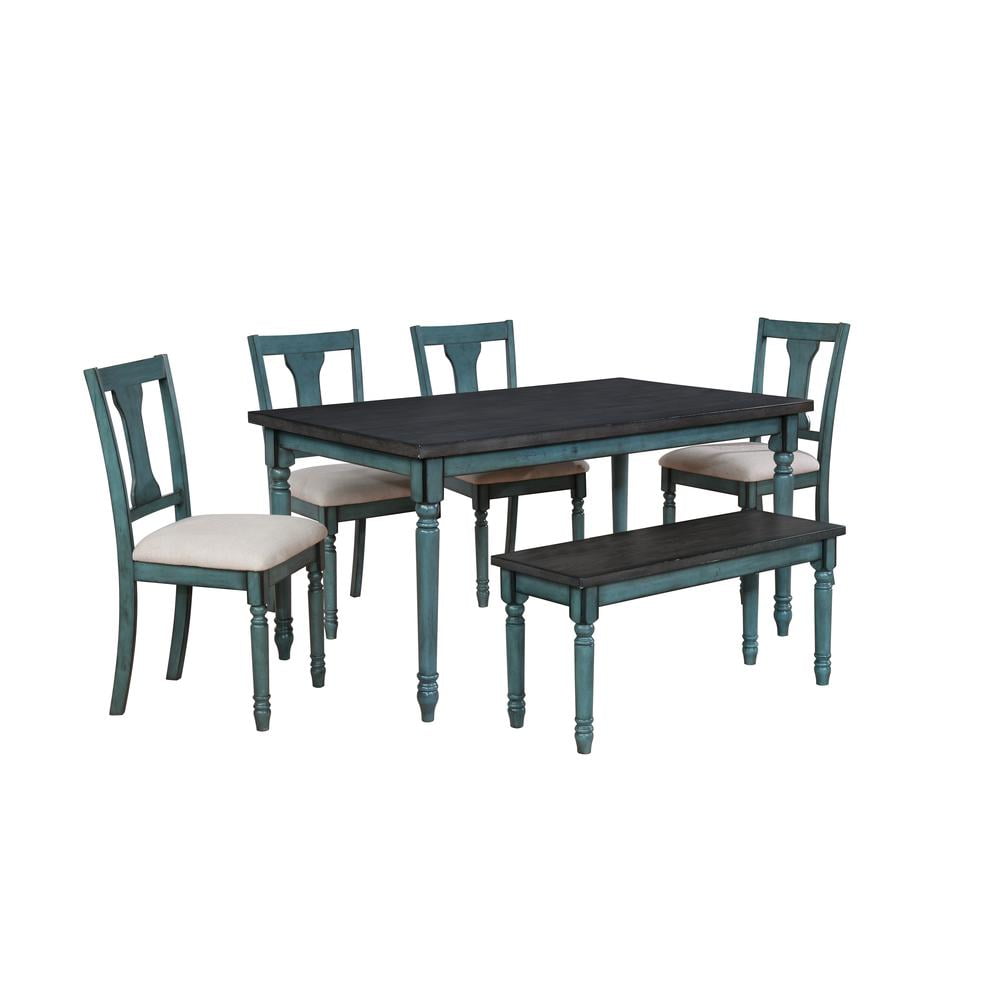 Linon Willow Wood Six Piece Upholstered Dining Set with Bench in Teal Blue
