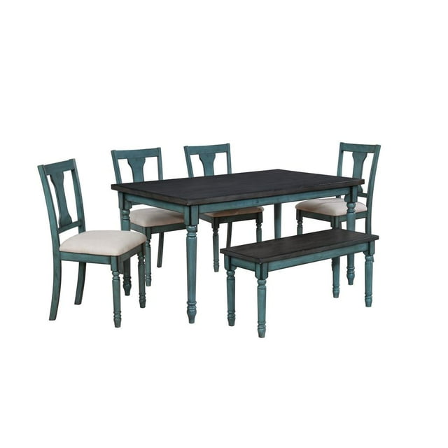 Linon Willow Wood Six Piece Upholstered Dining Set with Bench in Teal Blue
