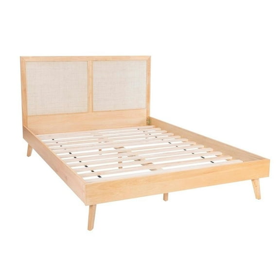 Linon Winnie Queen Wood platform Bed with Woven Rattan Cane Headboard, Natural Wood
