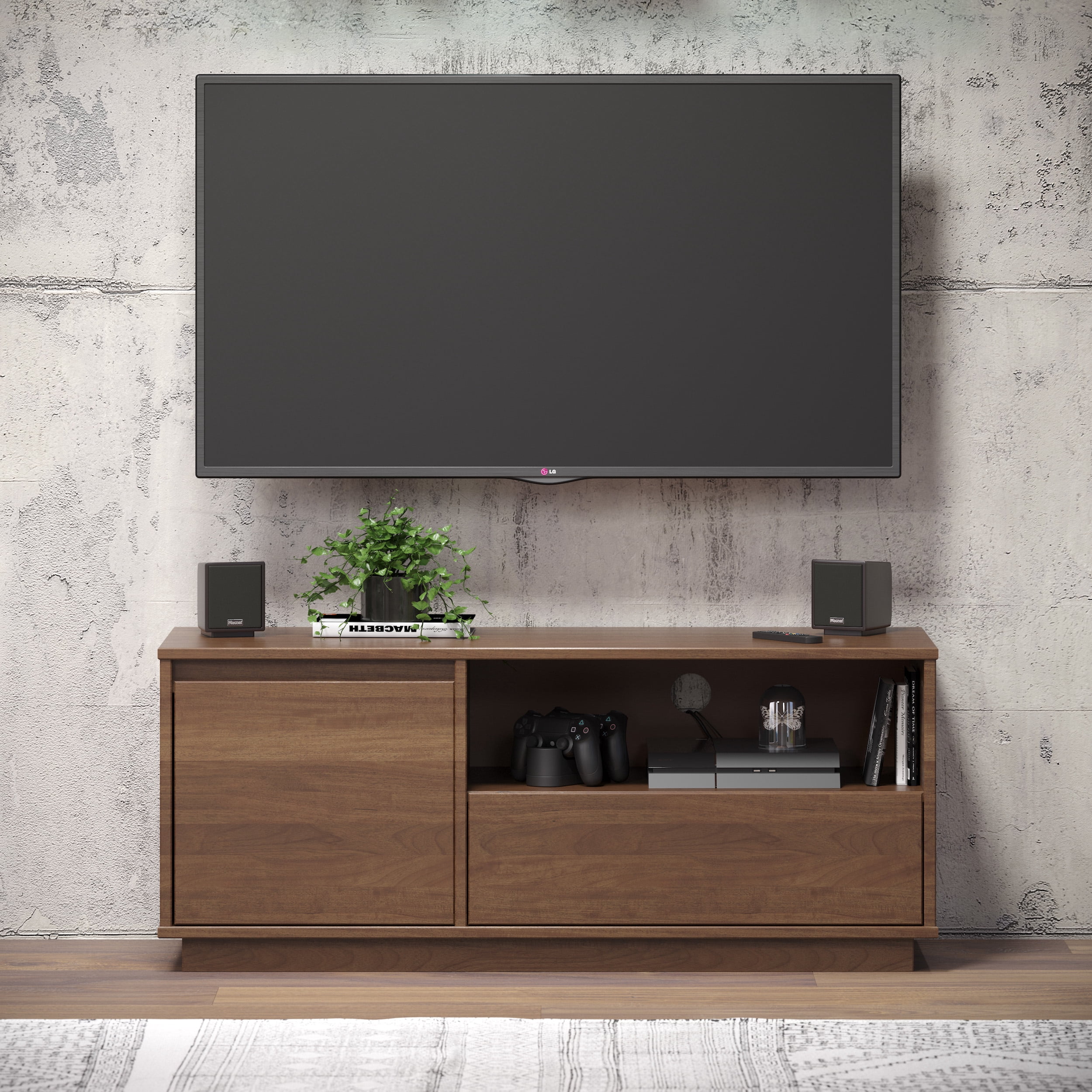Linon Winston Single Drawer Mid-Century Television Stand with 2 Shelves, 43.5" L, Walnut