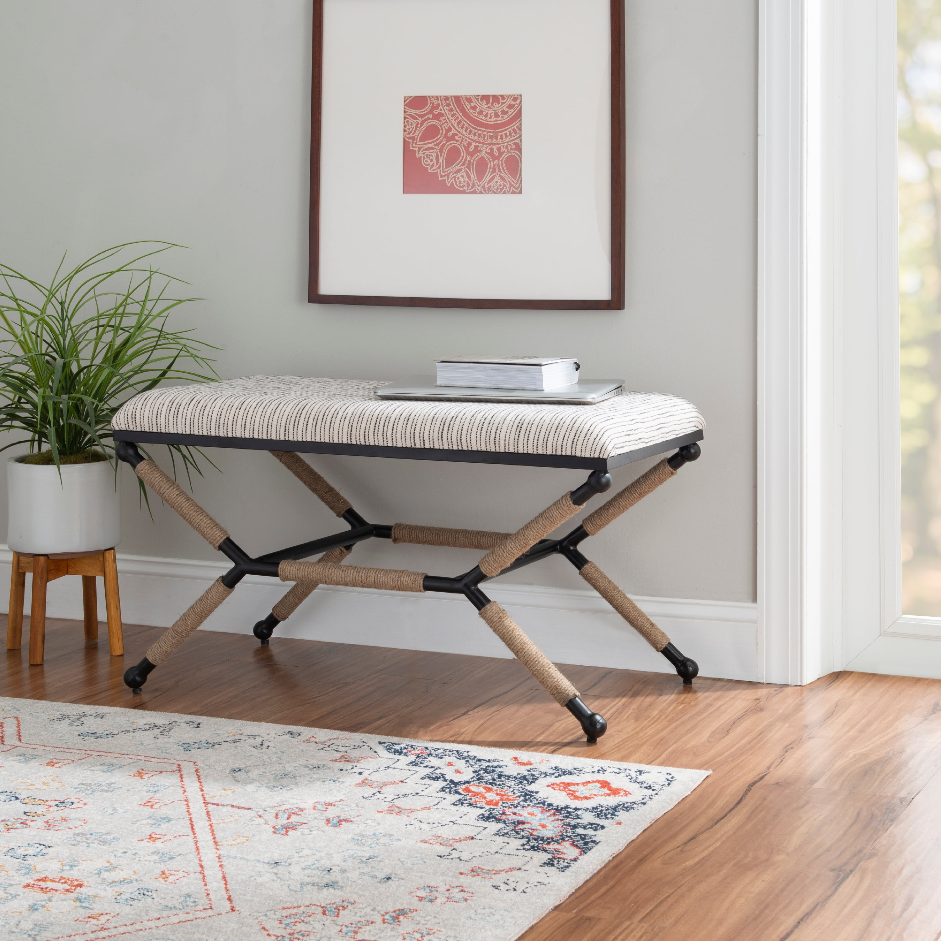 Linon Winther x Frame Bench or Ottoman Rope Wrapped Metal Legs with Black and Cream Striped Fabric Size 36 inch W x 18 inch D x 20.5 inch H